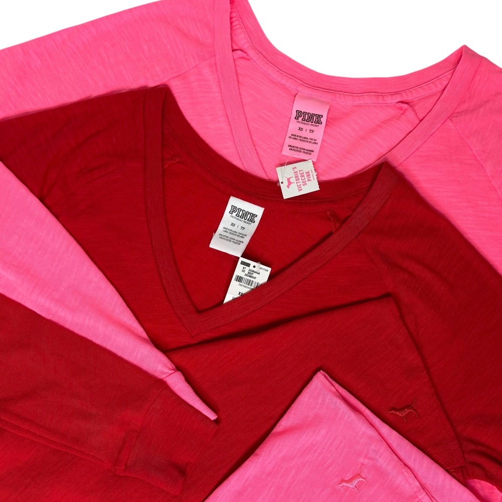 Victoria's Secret PINK Long Sleeve V-Neck T-Shirt 2 Pack Red Neon Pink XS NEW‎